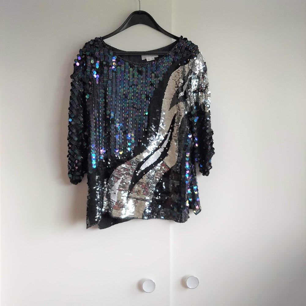 vintage 80s iridescent black silver sequin top NWOT